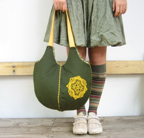 Star Bags - The Mimi Dark Green with Yellow Leather Straps and Vintage Doily
